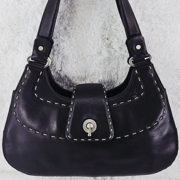 TALBOTS Black Smooth Leather Shoulder Bag Decorative Top Stitching Retro - Picture 14 of 15